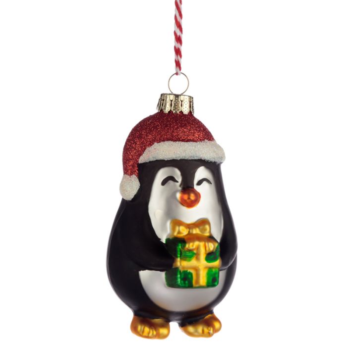 Kerstmis Pinguïn met Cadeautje Glazen Kerstbal