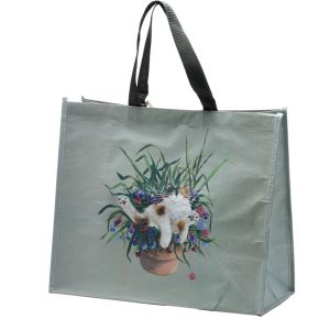 Kim Haskins Floral Cat in Plantpot Groen Duurzame RPET Boodschappentas