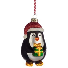Kerstmis Pinguïn met Cadeautje Glazen Kerstbal